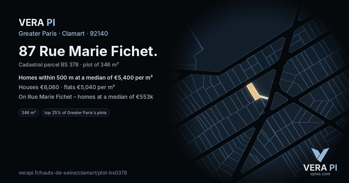 87 Rue Marie Fichet, Clamart at night – the plot lit, the parcels around coloured by the prices near them