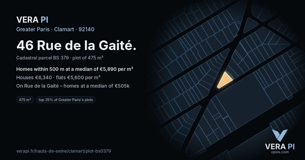 46 Rue de la Gaité, Clamart at night – the plot lit, the parcels around coloured by the prices near them