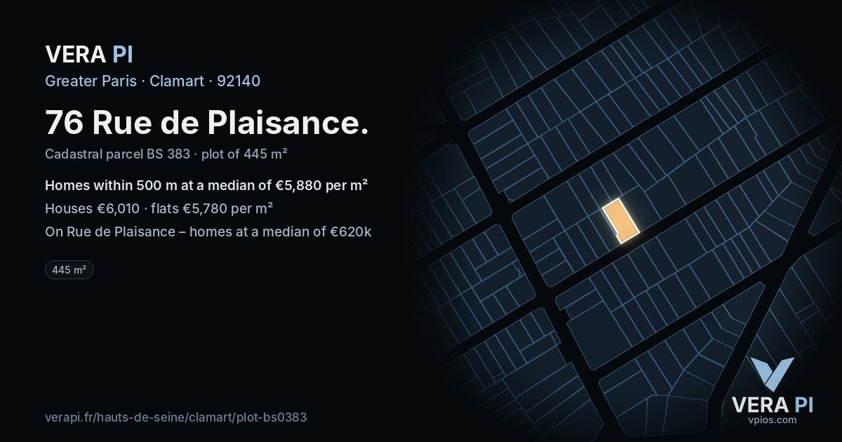 76 Rue de Plaisance, Clamart at night – the plot lit, the parcels around coloured by the prices near them