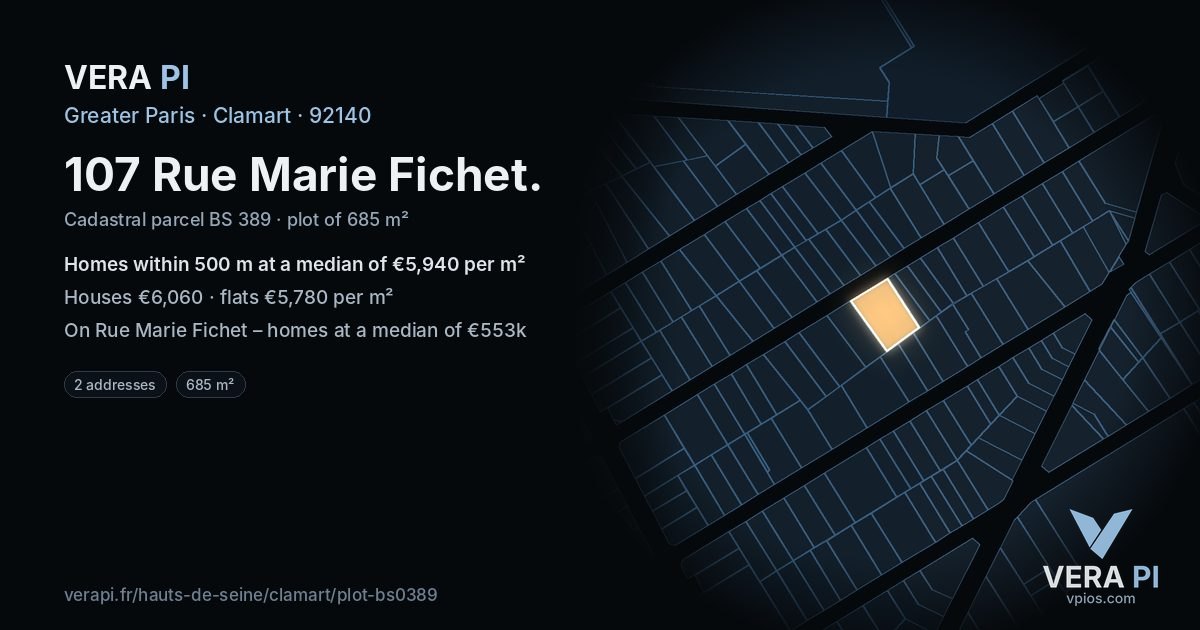 107 Rue Marie Fichet, Clamart at night – the plot lit, the parcels around coloured by the prices near them