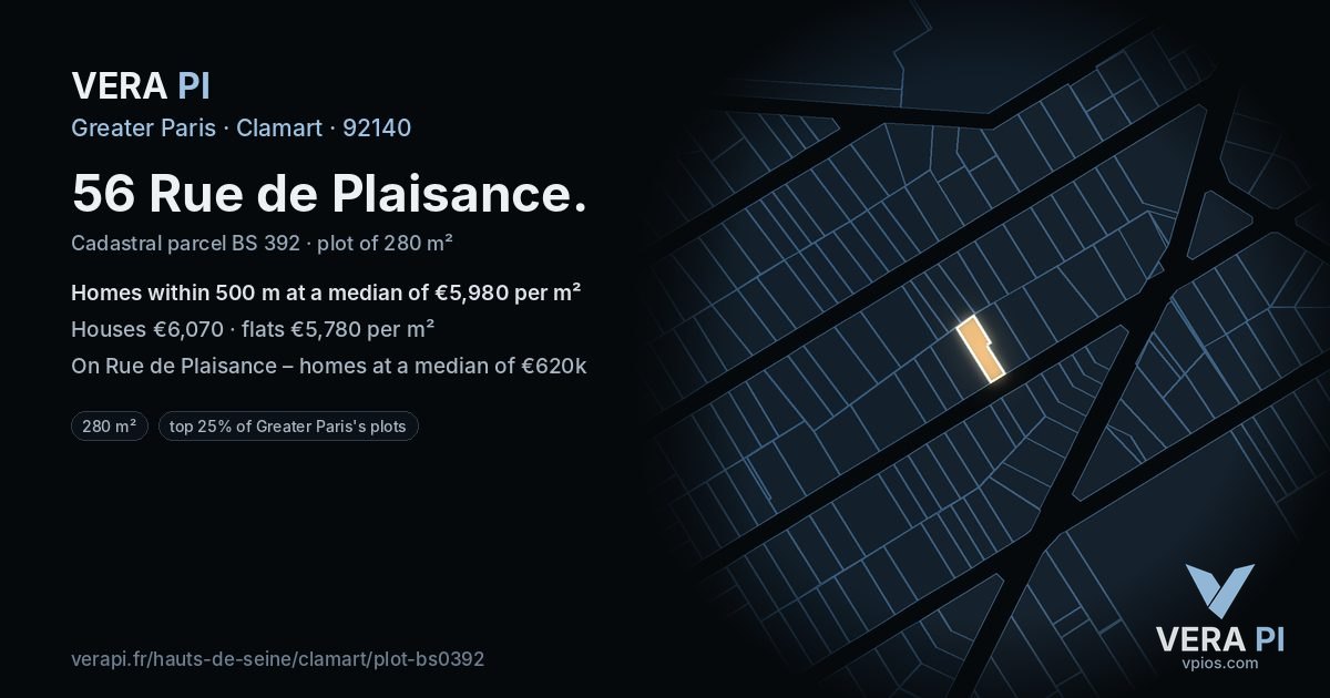 56 Rue de Plaisance, Clamart at night – the plot lit, the parcels around coloured by the prices near them