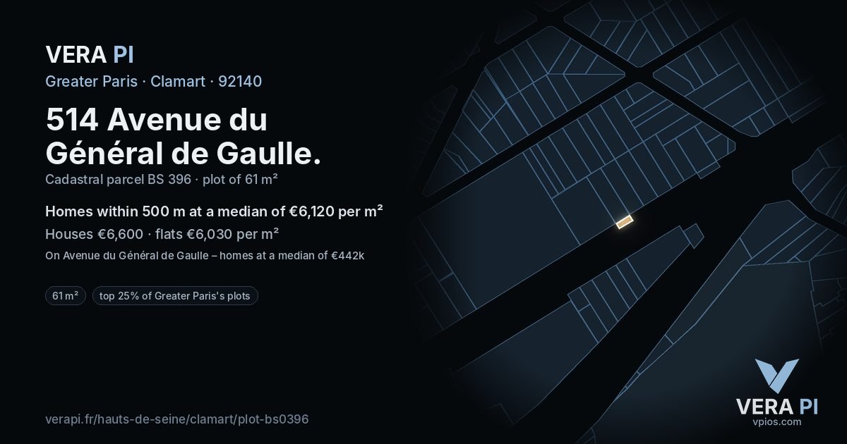 514 Avenue du Général de Gaulle, Clamart at night – the plot lit, the parcels around coloured by the prices near them