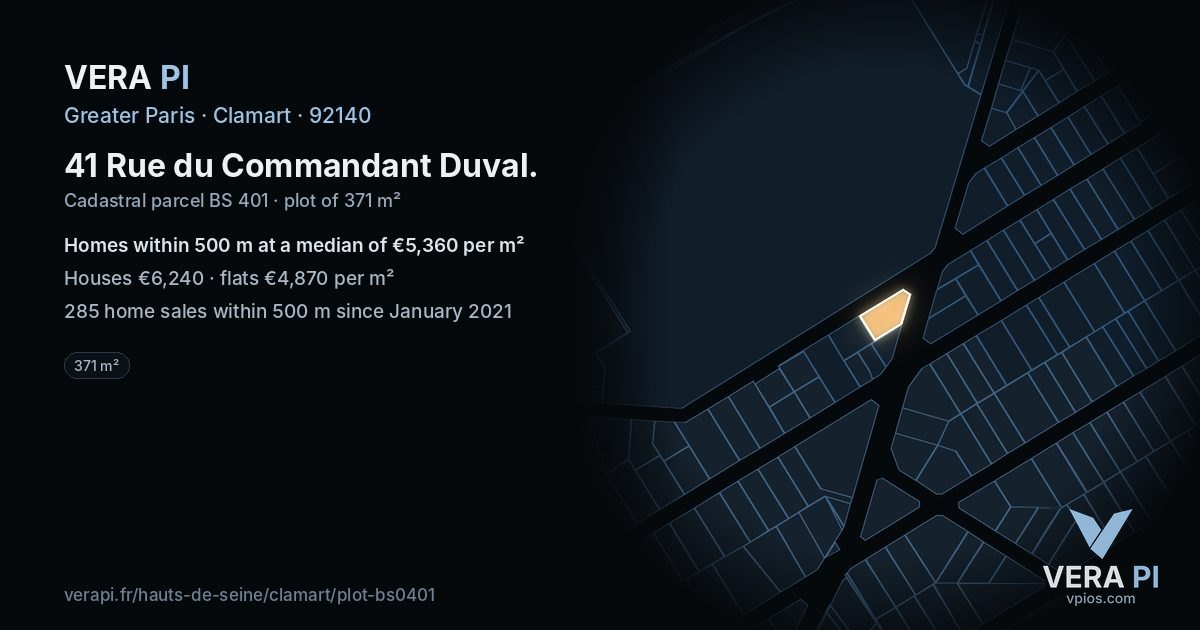 41 Rue du Commandant Duval, Clamart at night – the plot lit, the parcels around coloured by the prices near them