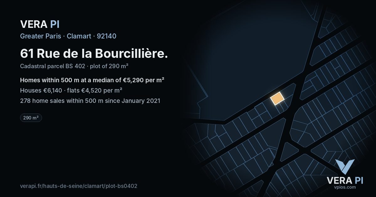 61 Rue de la Bourcillière, Clamart at night – the plot lit, the parcels around coloured by the prices near them