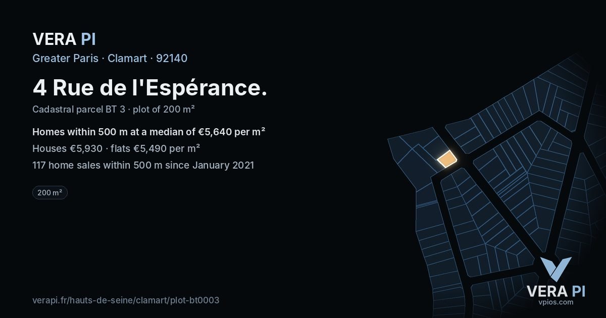 4 Rue de l'Espérance, Clamart at night – the plot lit, the parcels around coloured by the prices near them