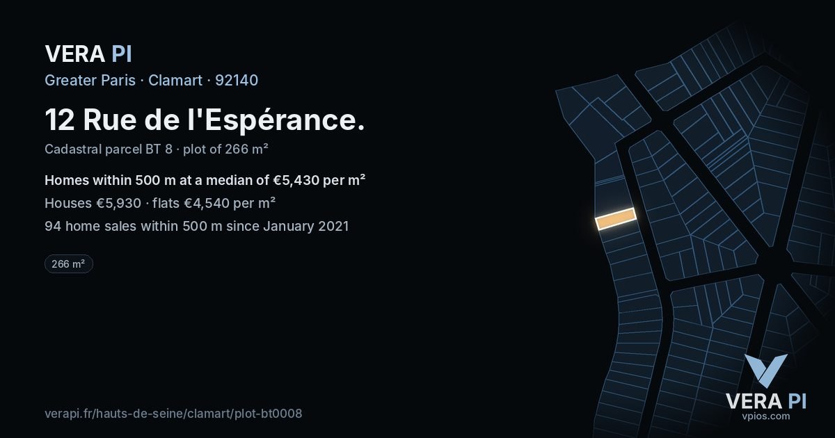 12 Rue de l'Espérance, Clamart at night – the plot lit, the parcels around coloured by the prices near them