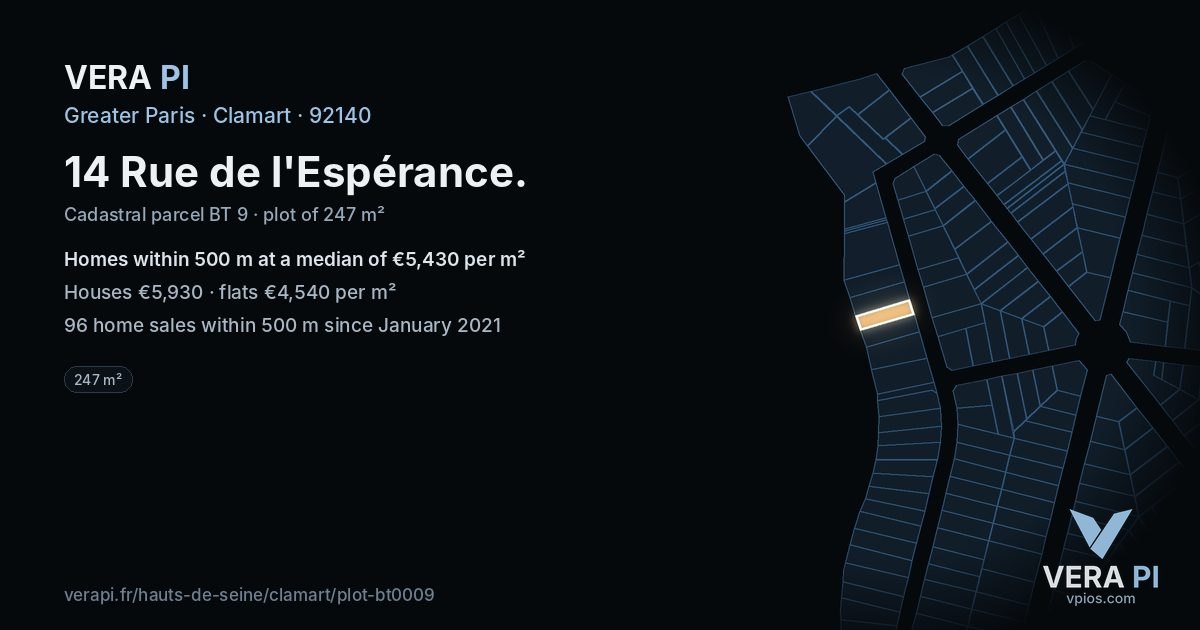 14 Rue de l'Espérance, Clamart at night – the plot lit, the parcels around coloured by the prices near them