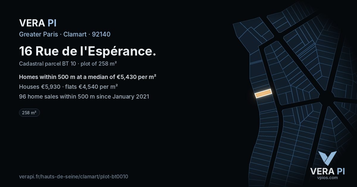 16 Rue de l'Espérance, Clamart at night – the plot lit, the parcels around coloured by the prices near them