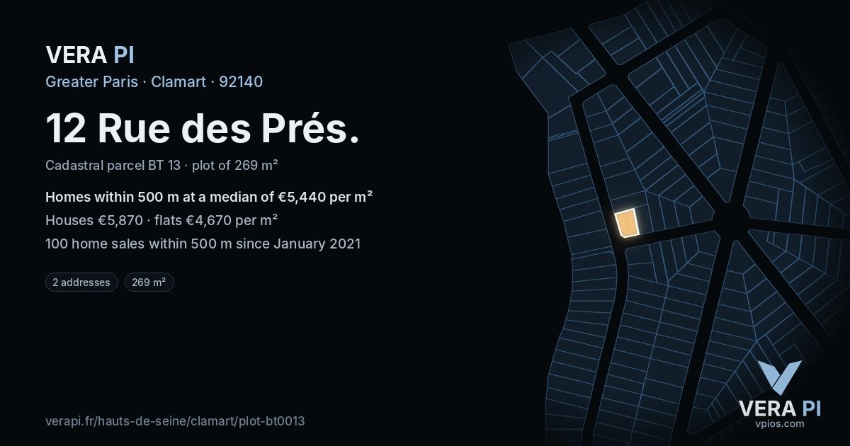 12 Rue des Prés, Clamart at night – the plot lit, the parcels around coloured by the prices near them