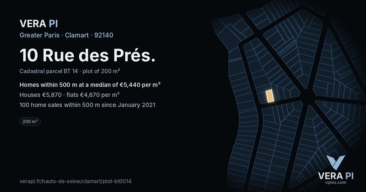 10 Rue des Prés, Clamart at night – the plot lit, the parcels around coloured by the prices near them
