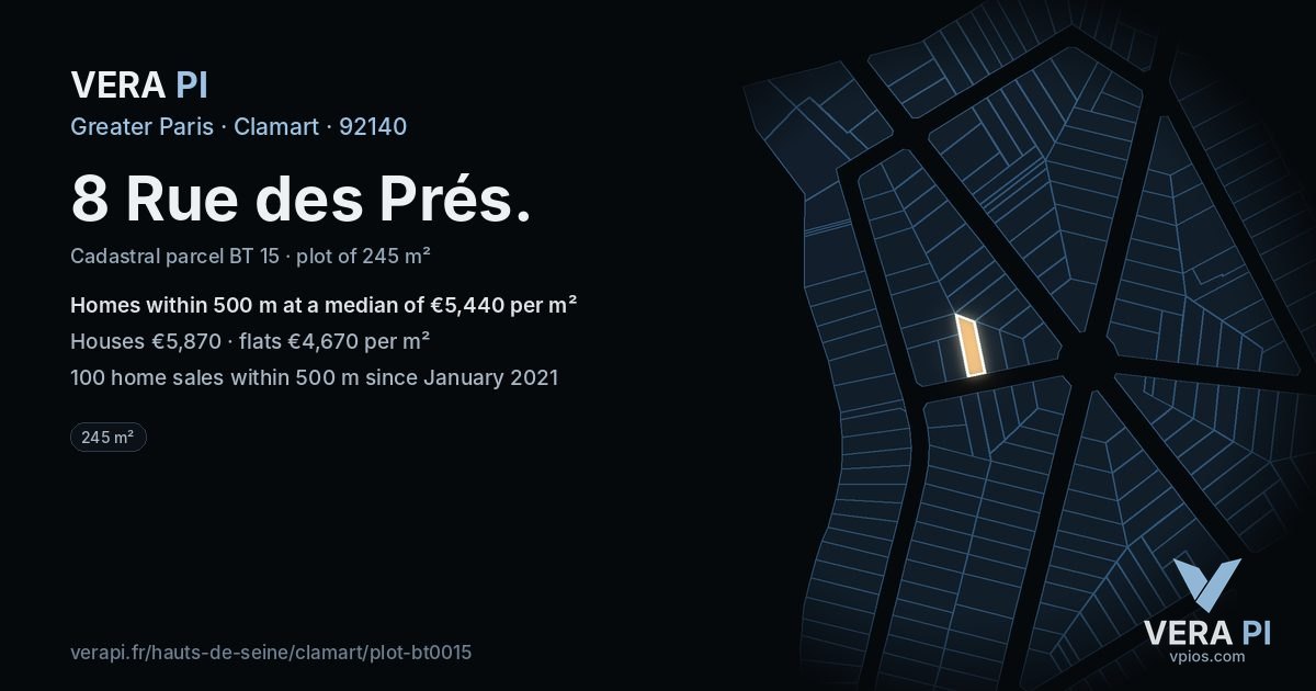 8 Rue des Prés, Clamart at night – the plot lit, the parcels around coloured by the prices near them