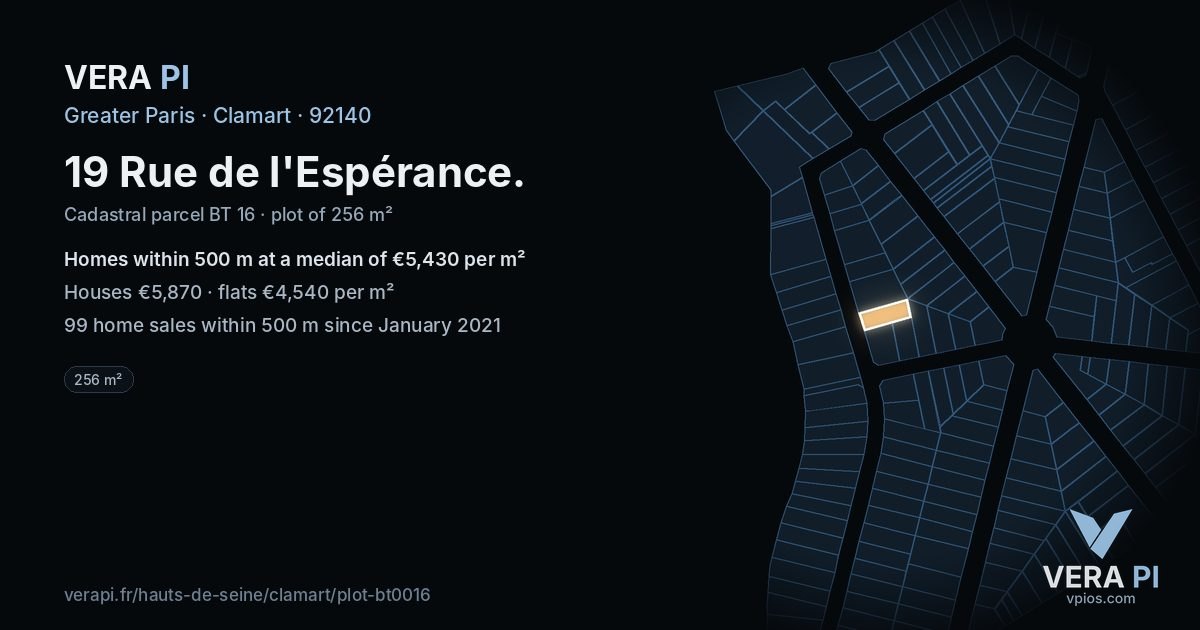 19 Rue de l'Espérance, Clamart at night – the plot lit, the parcels around coloured by the prices near them