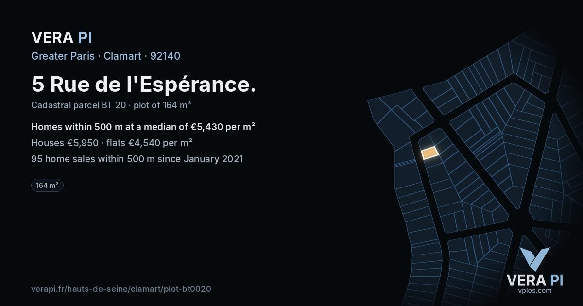 5 Rue de l'Espérance, Clamart at night – the plot lit, the parcels around coloured by the prices near them