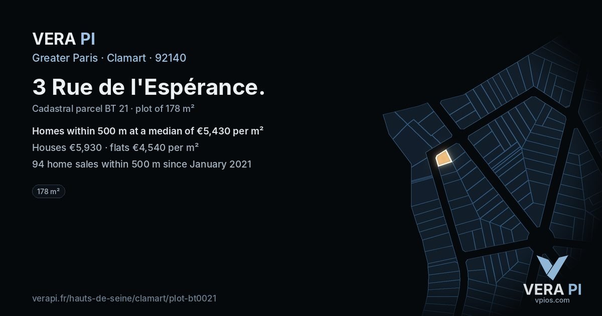 3 Rue de l'Espérance, Clamart at night – the plot lit, the parcels around coloured by the prices near them