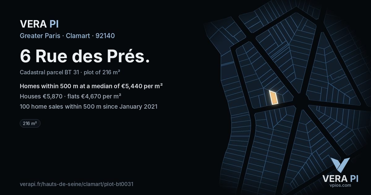 6 Rue des Prés, Clamart at night – the plot lit, the parcels around coloured by the prices near them