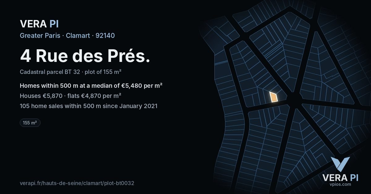 4 Rue des Prés, Clamart at night – the plot lit, the parcels around coloured by the prices near them