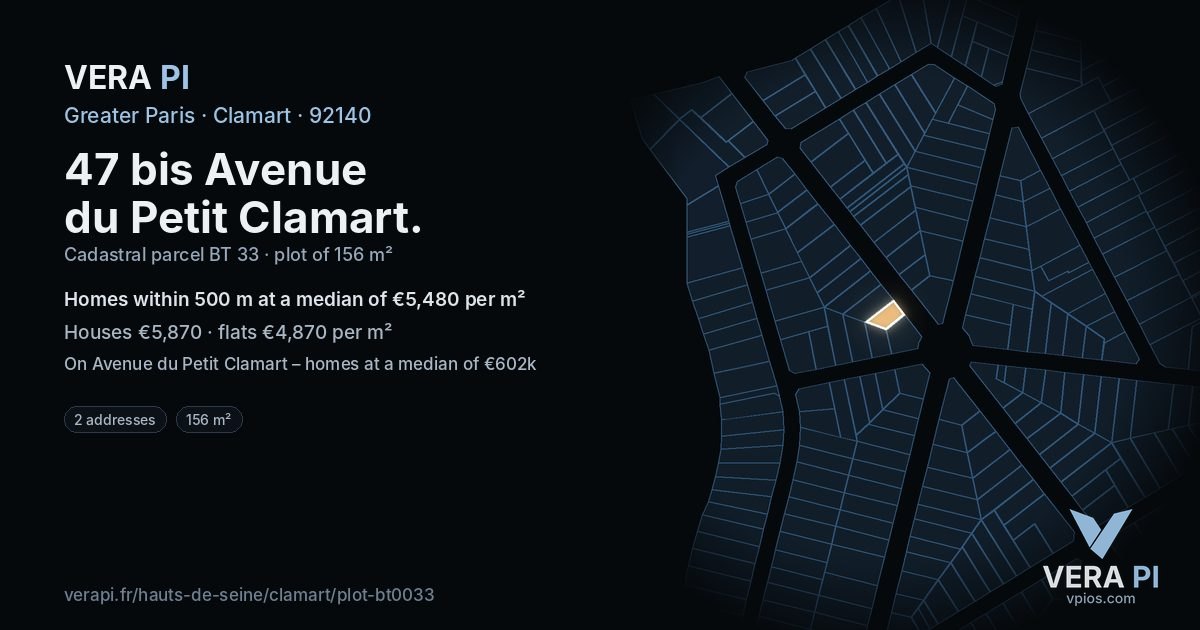 47 bis Avenue du Petit Clamart, Clamart at night – the plot lit, the parcels around coloured by the prices near them