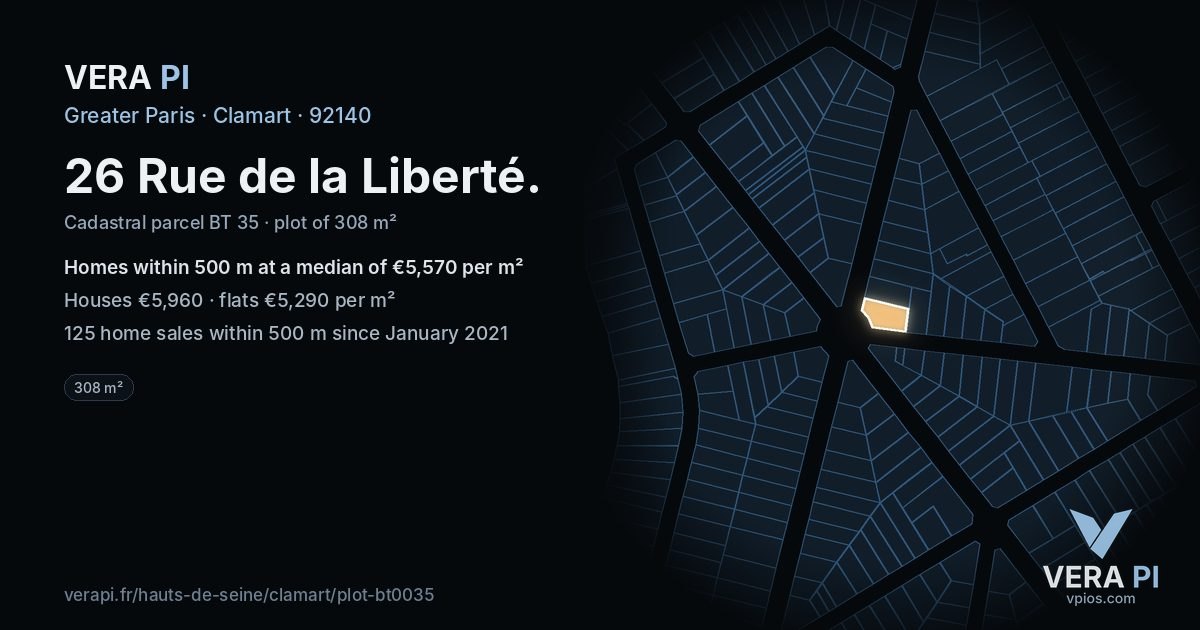 26 Rue de la Liberté, Clamart at night – the plot lit, the parcels around coloured by the prices near them