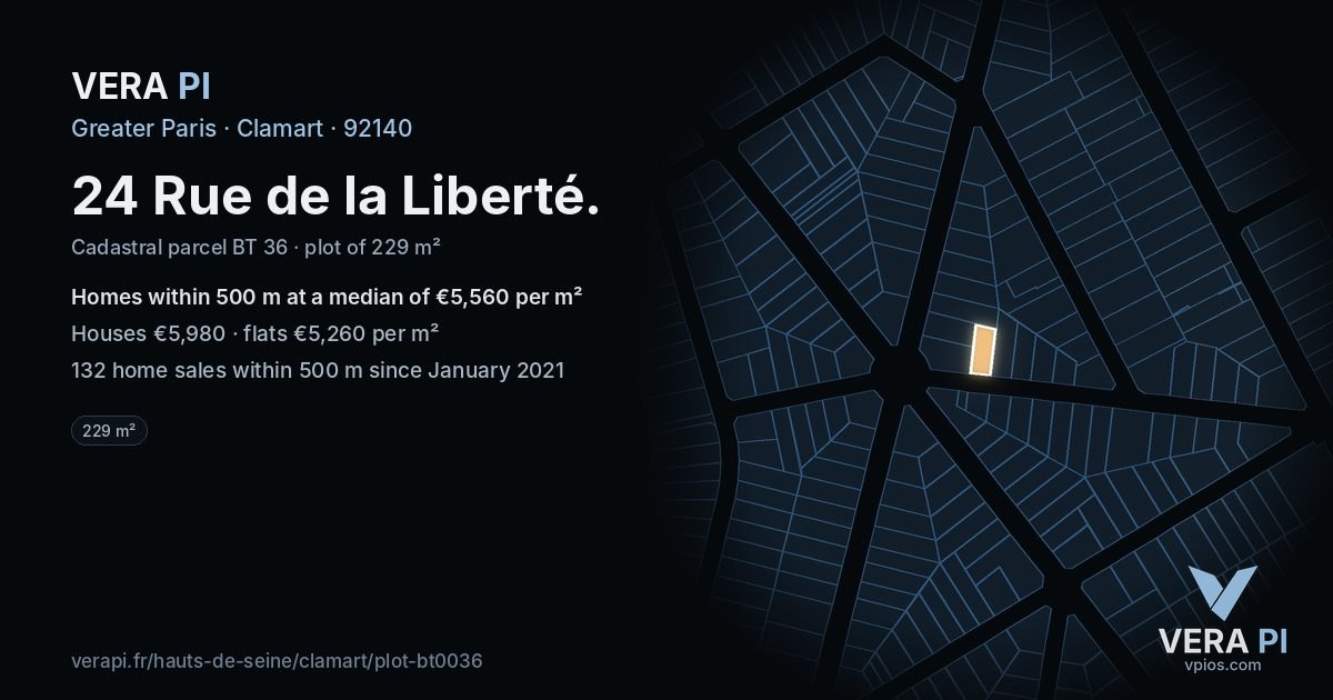 24 Rue de la Liberté, Clamart at night – the plot lit, the parcels around coloured by the prices near them
