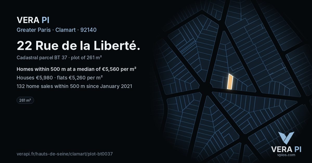 22 Rue de la Liberté, Clamart at night – the plot lit, the parcels around coloured by the prices near them
