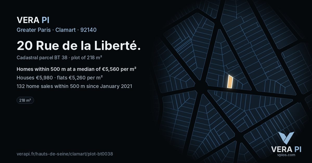 20 Rue de la Liberté, Clamart at night – the plot lit, the parcels around coloured by the prices near them