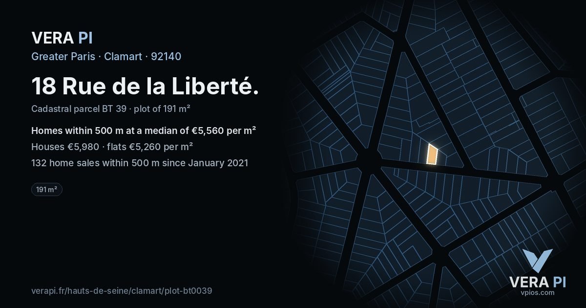 18 Rue de la Liberté, Clamart at night – the plot lit, the parcels around coloured by the prices near them