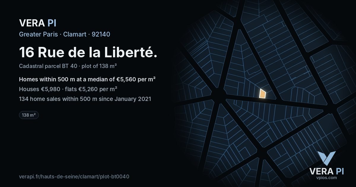 16 Rue de la Liberté, Clamart at night – the plot lit, the parcels around coloured by the prices near them