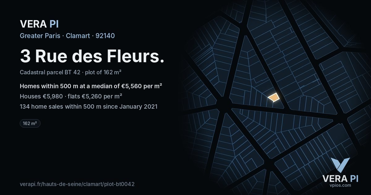 3 Rue des Fleurs, Clamart at night – the plot lit, the parcels around coloured by the prices near them