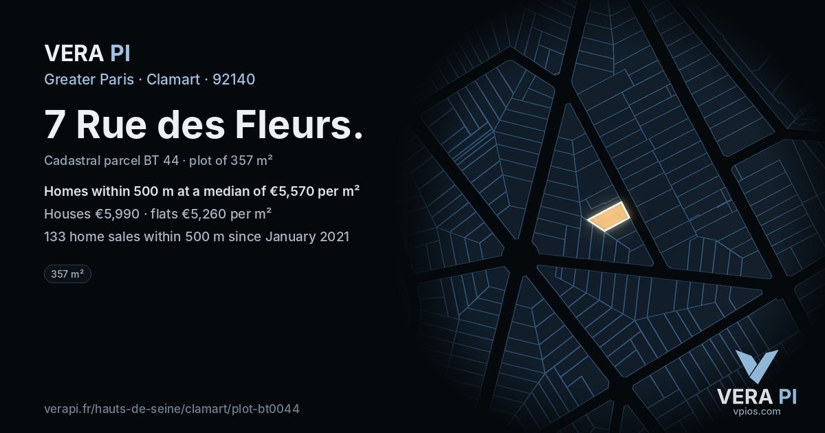7 Rue des Fleurs, Clamart at night – the plot lit, the parcels around coloured by the prices near them