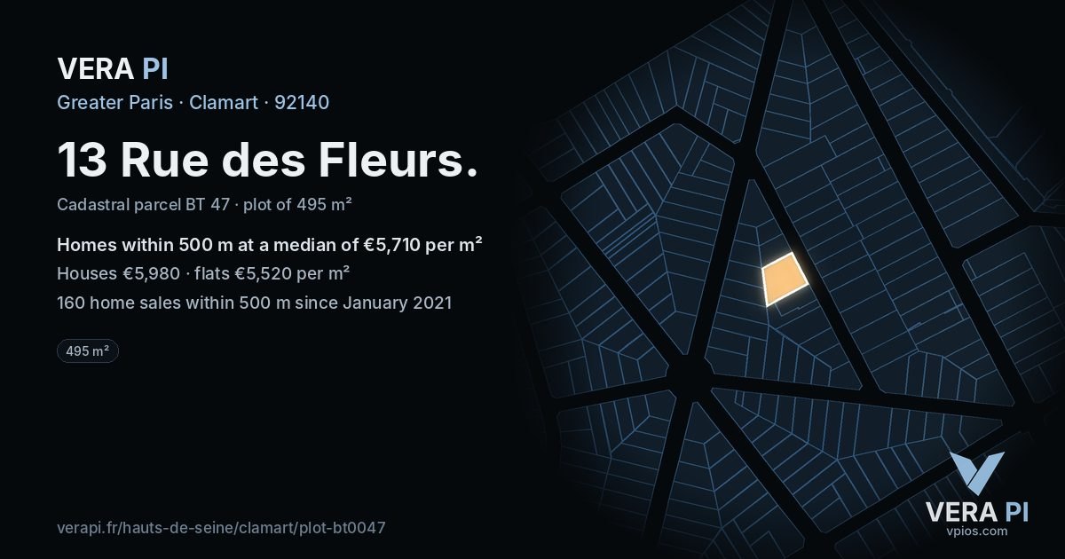 13 Rue des Fleurs, Clamart at night – the plot lit, the parcels around coloured by the prices near them