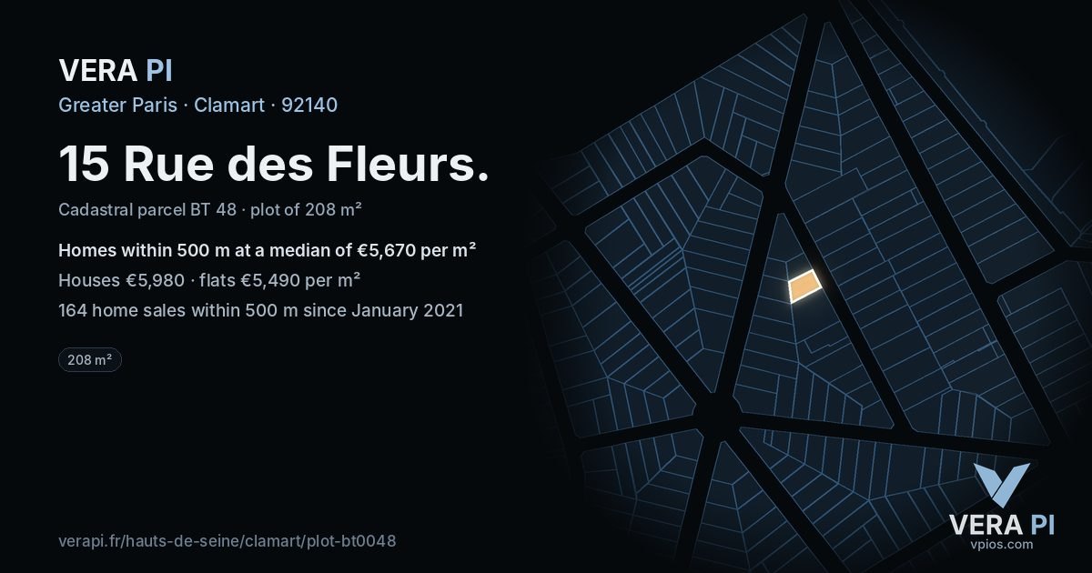 15 Rue des Fleurs, Clamart at night – the plot lit, the parcels around coloured by the prices near them