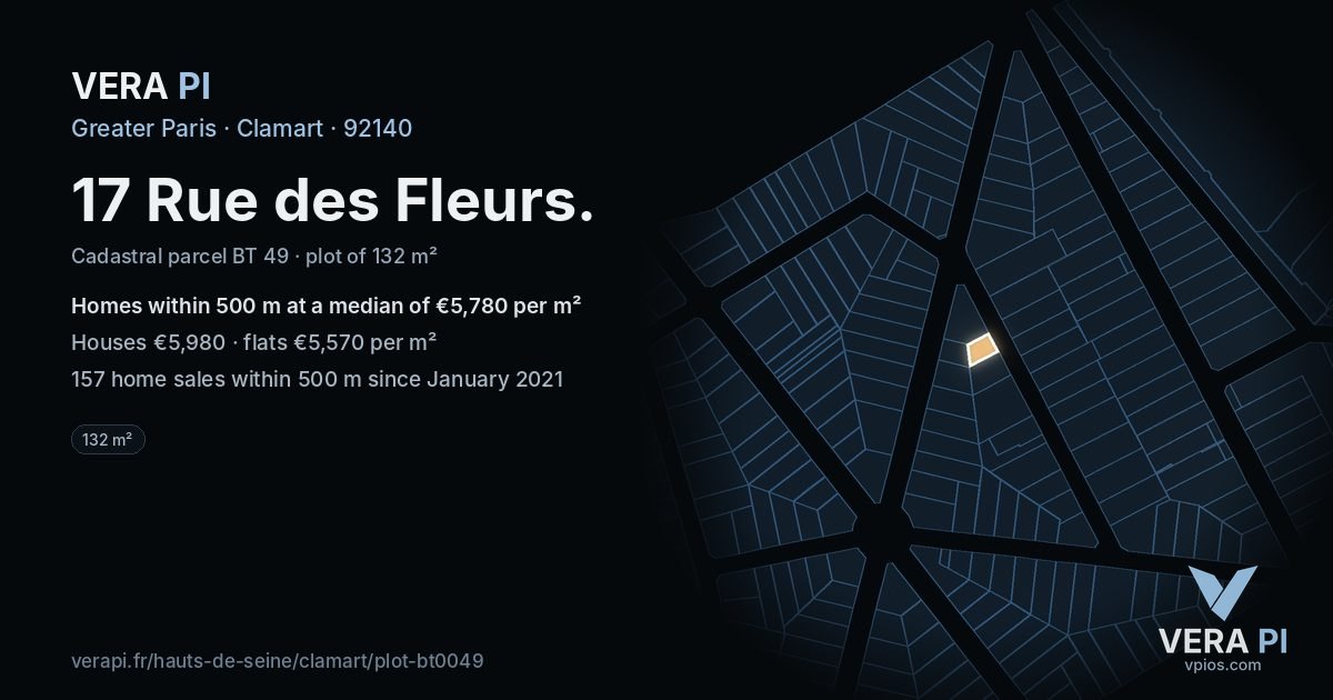 17 Rue des Fleurs, Clamart at night – the plot lit, the parcels around coloured by the prices near them