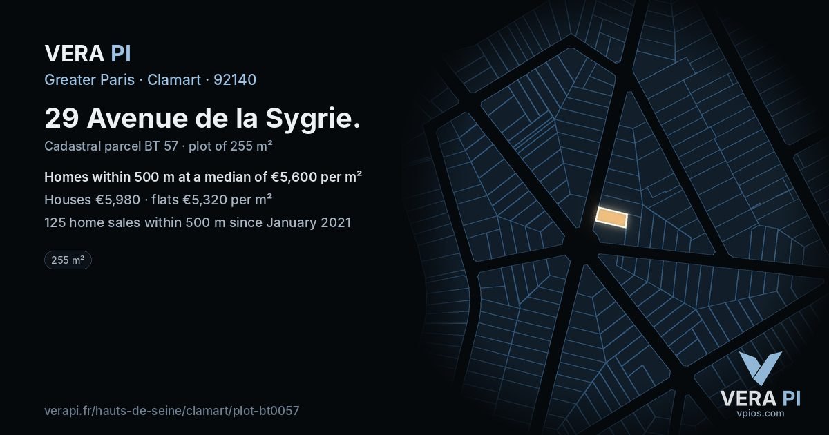 29 Avenue de la Sygrie, Clamart at night – the plot lit, the parcels around coloured by the prices near them
