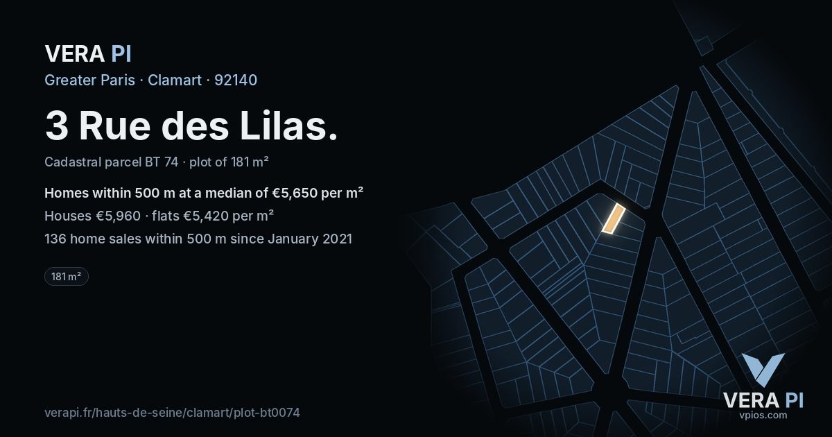3 Rue des Lilas, Clamart at night – the plot lit, the parcels around coloured by the prices near them