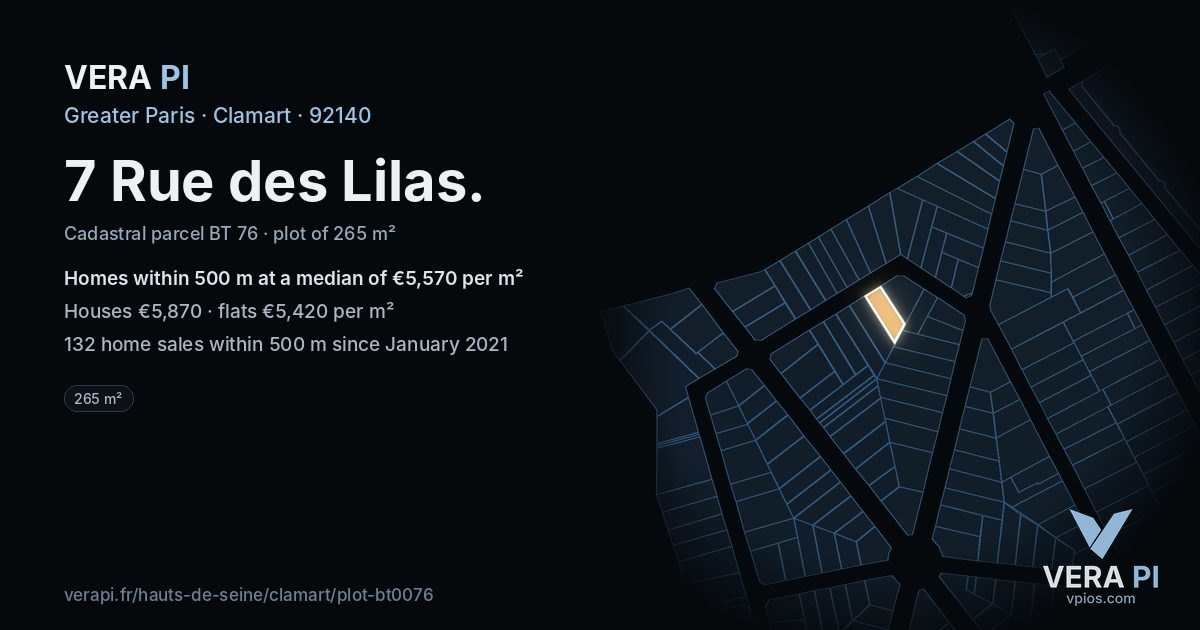 7 Rue des Lilas, Clamart at night – the plot lit, the parcels around coloured by the prices near them