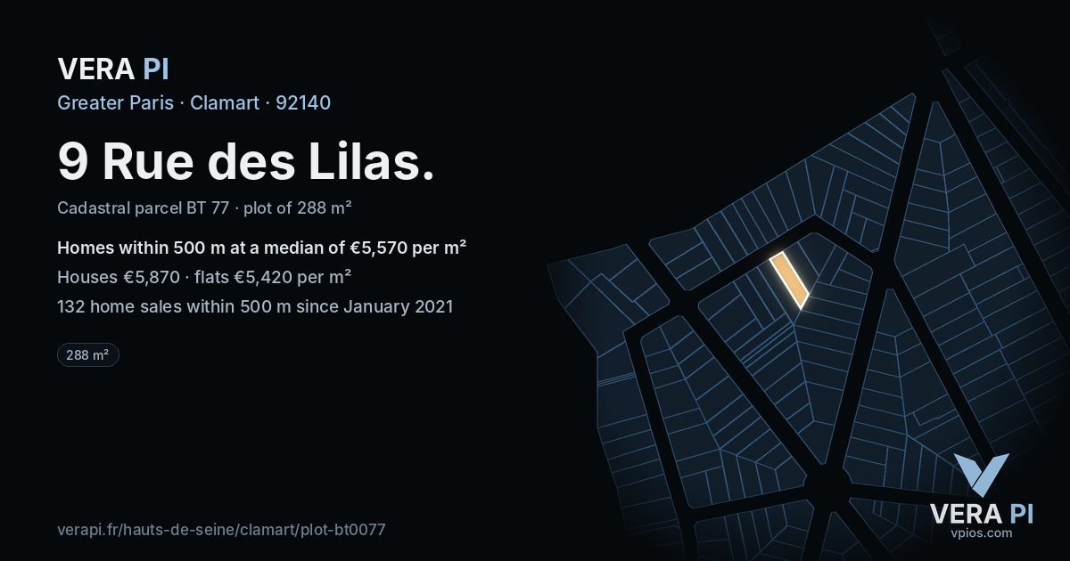 9 Rue des Lilas, Clamart at night – the plot lit, the parcels around coloured by the prices near them