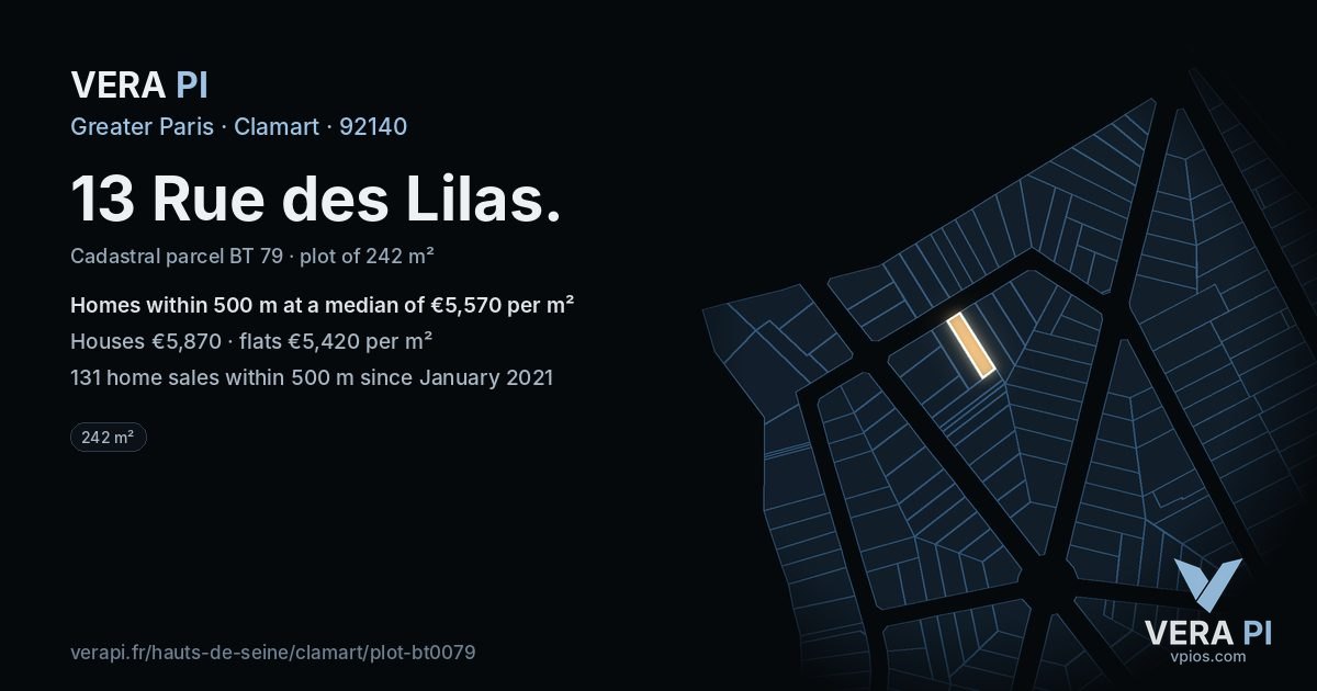 13 Rue des Lilas, Clamart at night – the plot lit, the parcels around coloured by the prices near them