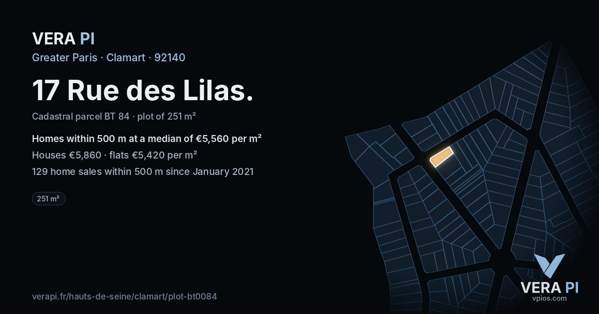 17 Rue des Lilas, Clamart at night – the plot lit, the parcels around coloured by the prices near them