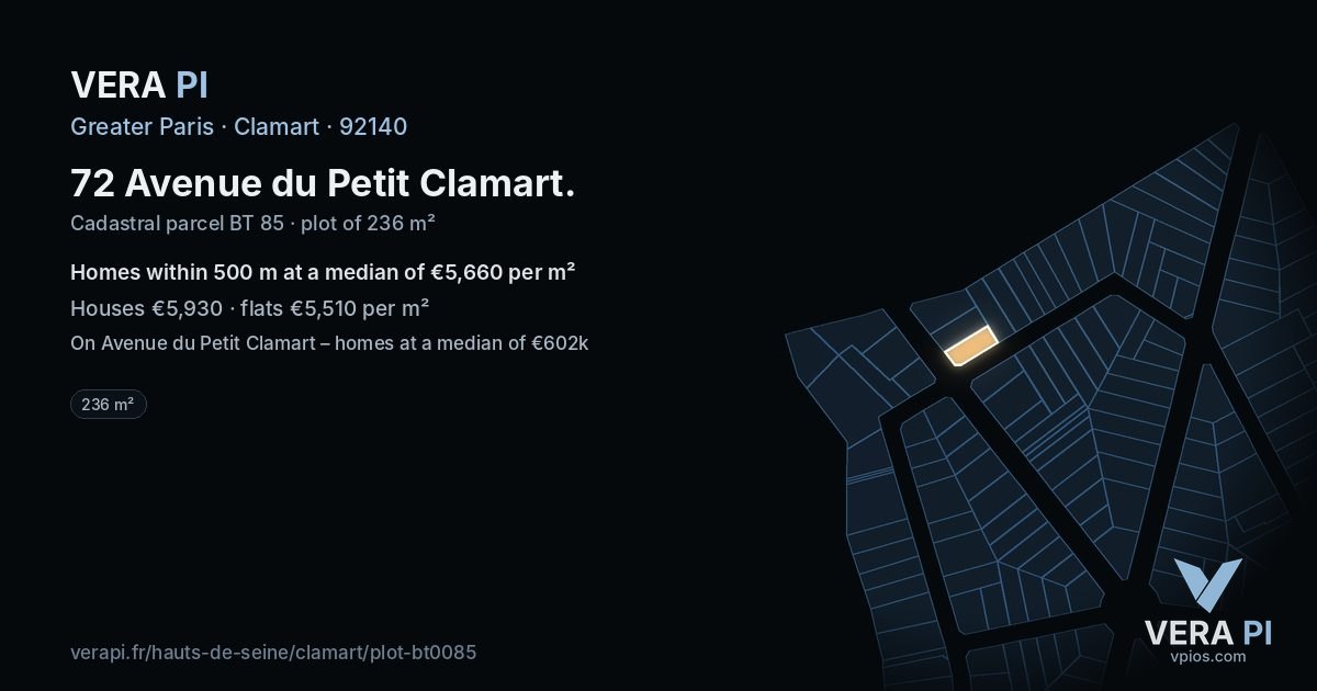 72 Avenue du Petit Clamart, Clamart at night – the plot lit, the parcels around coloured by the prices near them