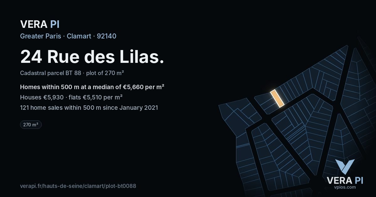 24 Rue des Lilas, Clamart at night – the plot lit, the parcels around coloured by the prices near them