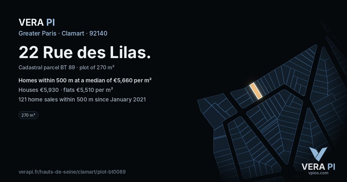 22 Rue des Lilas, Clamart at night – the plot lit, the parcels around coloured by the prices near them