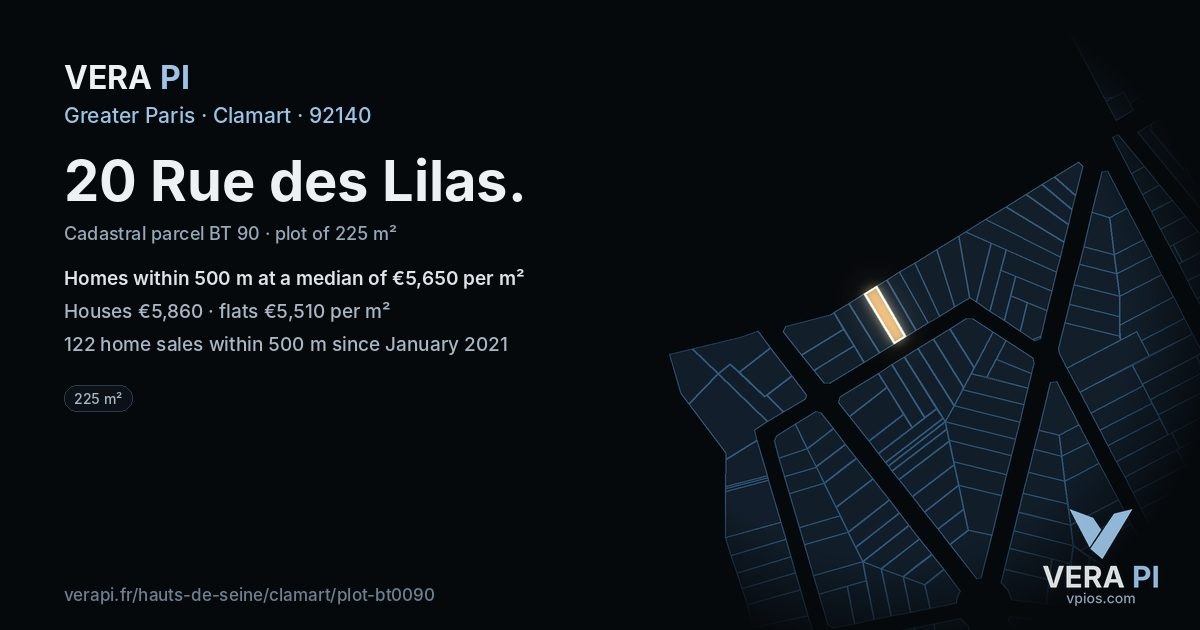 20 Rue des Lilas, Clamart at night – the plot lit, the parcels around coloured by the prices near them