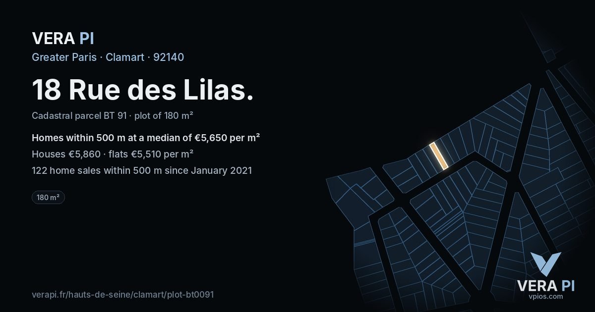 18 Rue des Lilas, Clamart at night – the plot lit, the parcels around coloured by the prices near them