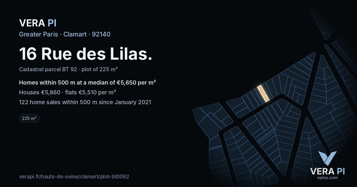 16 Rue des Lilas, Clamart at night – the plot lit, the parcels around coloured by the prices near them