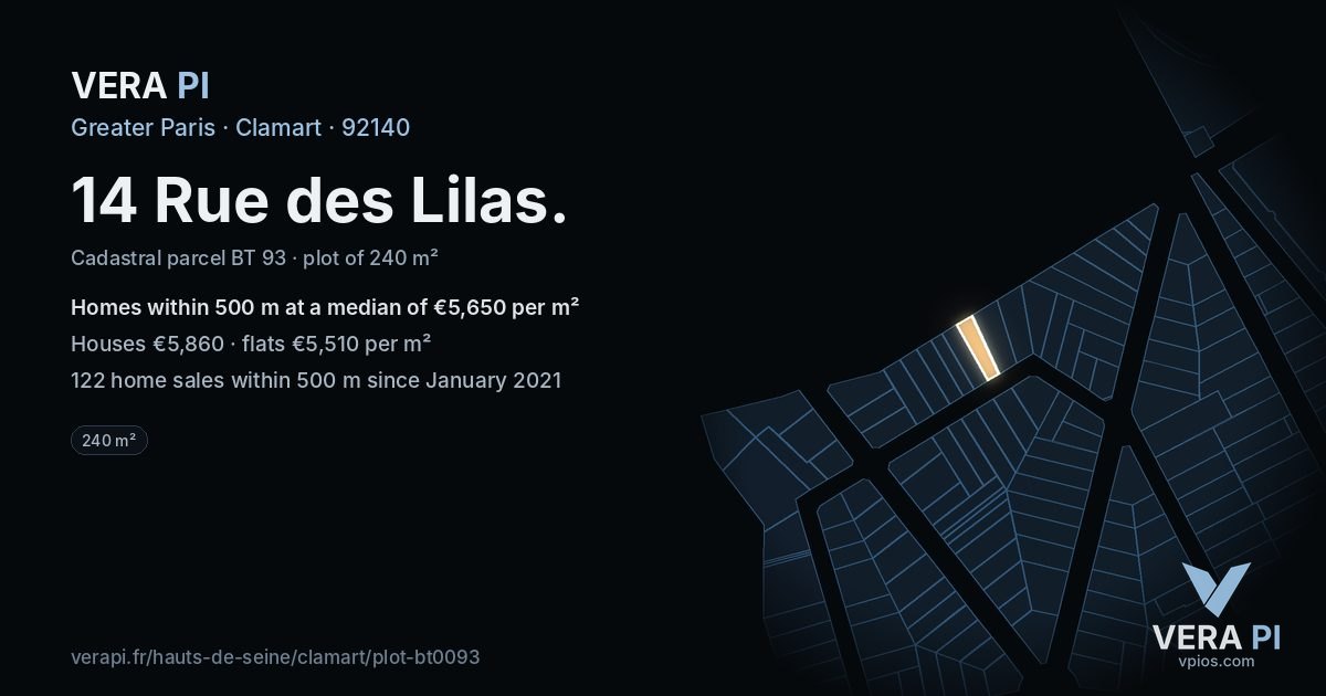 14 Rue des Lilas, Clamart at night – the plot lit, the parcels around coloured by the prices near them