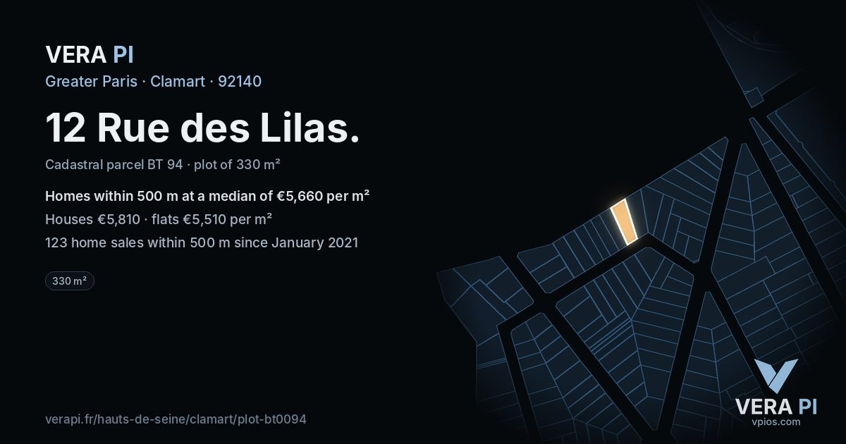 12 Rue des Lilas, Clamart at night – the plot lit, the parcels around coloured by the prices near them