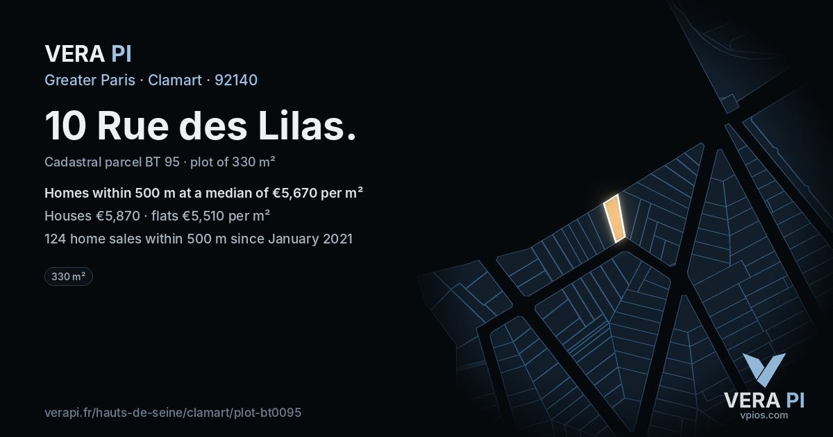 10 Rue des Lilas, Clamart at night – the plot lit, the parcels around coloured by the prices near them