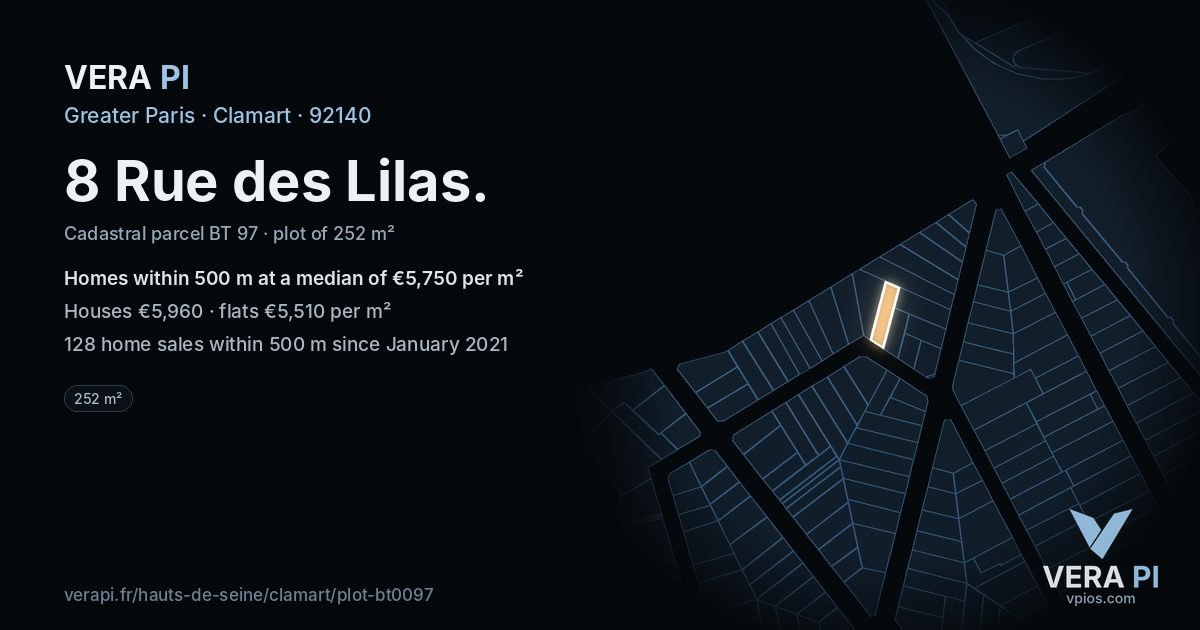8 Rue des Lilas, Clamart at night – the plot lit, the parcels around coloured by the prices near them