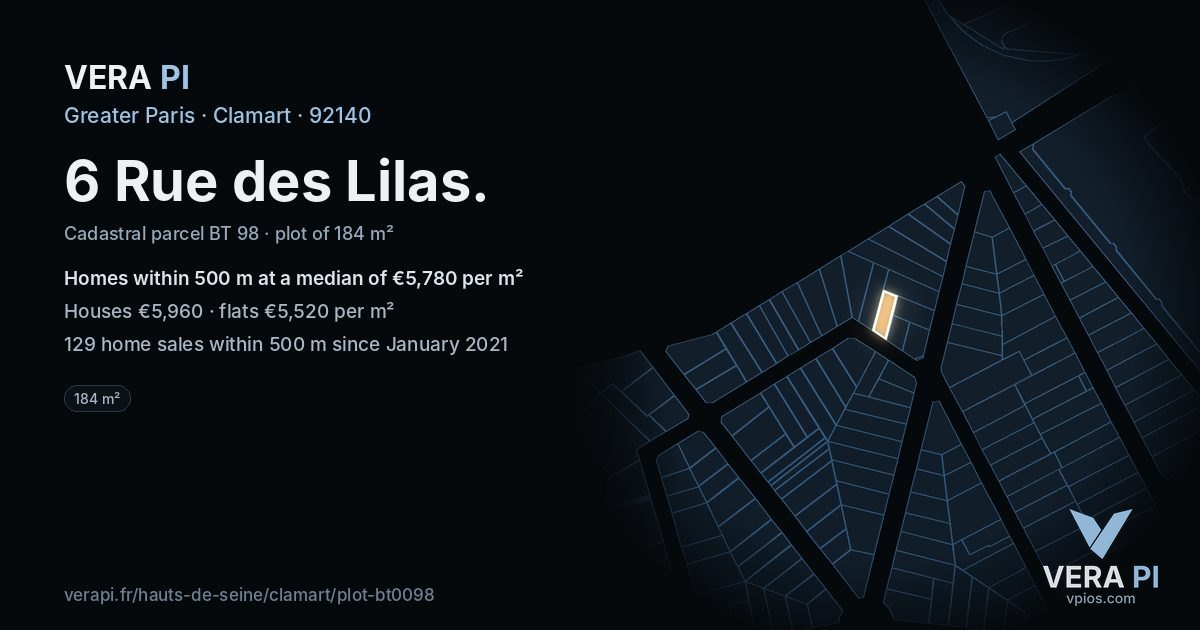 6 Rue des Lilas, Clamart at night – the plot lit, the parcels around coloured by the prices near them