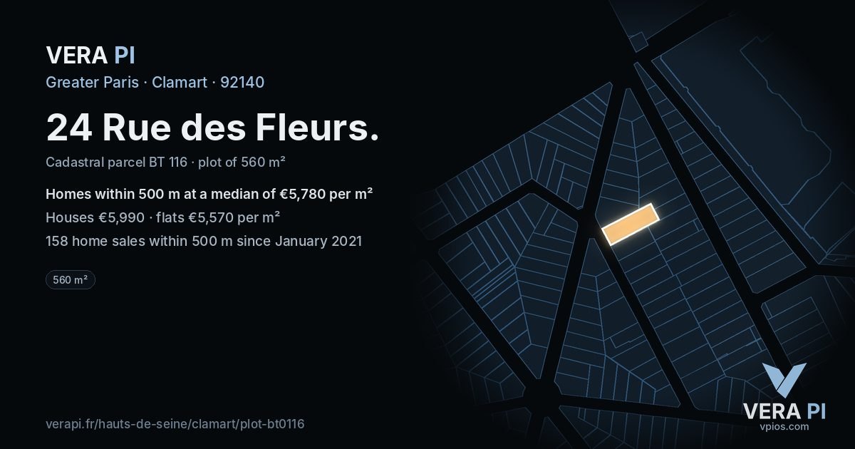 24 Rue des Fleurs, Clamart at night – the plot lit, the parcels around coloured by the prices near them